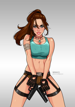 1girl aqua_shirt artist_name belt black_gloves breasts brown_hair brown_shorts cleavage crop_top dual_wielding finger_on_trigger fingerless_gloves gloves gradient_background grey_background grey_eyes gun handgun highres holding holding_gun holding_weapon jewelry lara_croft large_breasts long_hair looking_at_viewer medium_breasts midriff navel necklace olena_minko patreon_username pistol shirt short_shorts shorts sleeveless solo tomb_raider watermark weapon weapon_request web_address