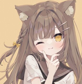 1girl ;) animal_ear_fluff animal_ears blush braid brown_background brown_hair brown_sailor_collar closed_mouth commentary_request hair_ornament hairclip hand_up highres hoshi_(snacherubi) long_hair looking_at_viewer one_eye_closed original sailor_collar school_uniform serafuku shirt short_sleeves simple_background smile solo upper_body white_shirt yellow_eyes
