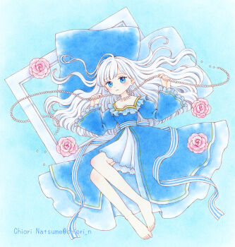 1girl barefoot blue_dress blue_eyes blush breasts chiori_n colored_pencil_(medium) commentary_request dress expressionless flower full_body hair_spread_out highres jewelry long_hair looking_at_viewer lying necklace on_back original pearl_necklace rose small_breasts solo traditional_media white_hair