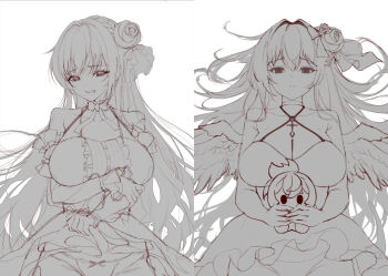 angel_wings arm_under_breasts bare_shoulders braid breasts character_doll choker cleavage clenched_teeth clothes_lift collarbone detached_sleeves disgust doll dorothy_(nikke) dorothy_(nostalgia)_(nikke) dress dual_persona feathered_wings frilled_dress frills goddess_of_victory:_nikke greyscale hair_bun hair_ribbon halter_dress halterneck kanon_(sinto) large_breasts long_hair looking_at_viewer monochrome official_alternate_costume panties pinne_(nikke) ribbon sketch skirt skirt_lift teeth underwear unfinished white_panties wings