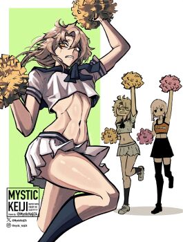 2girls absurdres arm_up artist_name black_shoes black_skirt black_socks black_thighhighs blonde_hair blue_sailor_collar breasts chainsaw_man cheerleader closed_eyes commentary crop_top crying crying_with_eyes_open fami_(chainsaw_man) famine_devil_(chainsaw_man) grey_hair highres long_hair looking_at_viewer midriff multiple_girls multiple_moles mystickeiji24 navel official_alternate_costume orange_shirt pleated_skirt pom_pom_(cheerleading) ringed_eyes sailor_collar school_uniform serafuku shirt shoes short_hair short_sleeves siblings sisters skirt sleeveless sleeveless_shirt small_breasts socks standing standing_on_one_leg stomach tears teeth thighhighs twitter_username white_shirt white_shoes white_skirt yellow_eyes