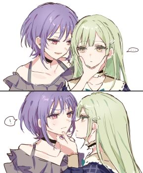 ! ... 2girls absurdres bang_dream! bang_dream!_it's_mygo!!!!! black_choker choker grabbing_another's_chin green_hair hair_ornament hairclip hand_on_another's_chin highres kanon_25ji long_hair multiple_girls open_mouth pink_eyes purple_hair short_hair spoken_ellipsis spoken_exclamation_mark wakaba_mutsumi yellow_eyes yuutenji_nyamu