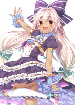 1girl :d blonde_hair boots bow breasts bucchake_(asami) commentary_request commission foot_out_of_frame hair_between_eyes hair_bow knee_boots long_hair looking_at_viewer mireille_lerner open_mouth pixiv_commission puffy_short_sleeves puffy_sleeves red_eyes shironeko_project short_sleeves simple_background small_breasts smile solo white_background white_boots wrist_cuffs