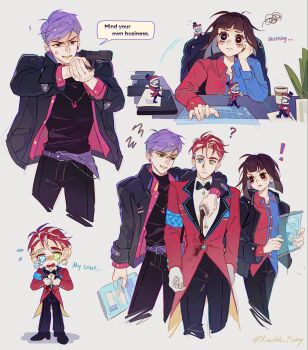 Rule 34 | !, 1girl, 2boys, ?, aiming, alternate costume, anger vein, armband, belt, belt buckle, black bow, black bowtie, black coat, black eyes, black pants, black shirt, blue eyes, blue pupils, blue shirt, bow, bowtie, brown hair, buckle, caine (the amazing digital circus), clenched teeth, clone, closed mouth, coat, coffee, colored teeth, crying, cup, disposable coffee cup, disposable cup, earrings, elbow rest, english text, eye in mouth, feet out of frame, formal clothes, gloves, green eyes, grey background, gun, hand around neck, hand on own face, hat, heterochromia, highres, holding, holding gun, holding tablet pc, holding weapon, humanization, jax (the amazing digital circus), jewelry, lapels, long sleeves, looking at another, looking at viewer, looking to the side, medium hair, mini person, miniboy, mismatched pupils, motion lines, multiple boys, multiple views, narrow waist, open mouth, pants, paper, parted lips, pink suit, plant, pomni (the amazing digital circus), purple belt, purple hair, rabbit earrings, rabbit necklace, red armband, red hair, red pupils, red shirt, red tailcoat, running, science fiction, shirt, short hair, simple background, sitting, smirk, speech bubble, spilling, stain, standing, suit, tablet pc, talking, teeth, the amazing digital circus, top hat, two-tone shirt, upper body, weapon, white gloves, white shirt, xiaowu nora, yellow eyes, yellow teeth