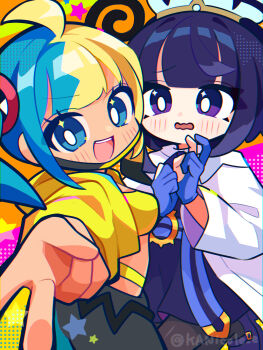 2girls absurdres canari_(pokemon) dark-skinned_female dark_skin gwynn_(pokemon) highres multicolored_hair multiple_girls nikoru nintendo pokemon pokemon_legends:_z-a purple_eyes purple_hair two-tone_hair