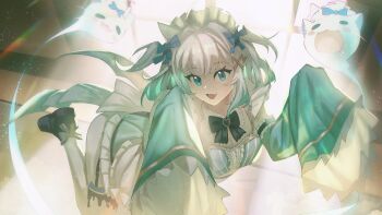 Rule 34 | 1girl, :d, absurdres, black bow, black bowtie, black shoes, blue eyes, bow, bowtie, breasts, cleavage, commentary request, detached collar, detached sleeves, dress, fang, floating, frilled sleeves, frills, full body, ghost, ghost pose, green dress, green hair, green sleeves, hair ornament, highres, indie virtual youtuber, looking at viewer, maid headdress, medium breasts, mint fantome, mint fantome (minto 2.0), open mouth, panties, shoes, skin fang, sleeve garter, smile, solo, striped clothes, striped dress, thighhighs, two side up, underwear, vertical-striped clothes, vertical-striped dress, very long sleeves, virtual youtuber, white hair, white panties, white thighhighs, wide sleeves, x hair ornament, zarasaru