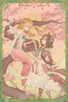 absurdres alternate_costume animal_ears arm_ribbon bare_shoulders barefoot bell blonde_hair blonney border bouquet brown_hair centauroid closed_mouth deer_ears deer_girl dress eye_contact face-to-face feet_out_of_frame flower from_side green_border green_eyes hair_flower hair_ornament hair_ribbon highres holding holding_bouquet holding_hands jessica_(reverse:1999) jessica_(the_sound_of_paradise)_(reverse:1999) long_hair looking_at_another looking_down off-shoulder_dress off_shoulder official_alternate_costume on_branch open_mouth ornate_border pink_background pink_dress pink_flower pink_ribbon profile purple_eyes reverse:1999 ribbon rokilly short_sleeves sitting sitting_on_branch taur tree