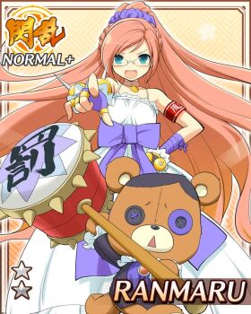 1girl :d armband blue_eyes border bow braid breasts button_eyes buttons card_(medium) character_name choker dress english_text fingerless_gloves game_cg glasses gloves hair_ornament hair_scrunchie half_up_half_down_braid hand_on_own_hip high_ponytail holding holding_mallet kumapooh_(senran_kagura) large_bow long_hair looking_at_viewer mallet non-web_source official_alternate_costume official_art open_mouth orange_hair ponytail purple_bow purple_gloves purple_scrunchie ranmaru_(senran_kagura) red_armband scrunchie senran_kagura senran_kagura_new_wave small_breasts smile solo stuffed_animal stuffed_toy swept_bangs teddy_bear very_long_hair white_dress