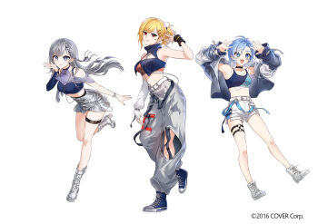 3girls :d ahoge arms_up asymmetrical_bangs belt black_collar blonde_hair blue_eyes blue_hair blue_shirt blue_shoes blue_sleeves blue_tank_top boots braid braided_bangs breasts cargo_pants cleavage_cutout closed_mouth clothing_cutout collar colored_tips commentary company_name copyright_notice crop_top cropped_shirt crossed_arms detached_sleeves english_commentary full_body grey_hair grey_shrug grey_skirt hair_ornament hairclip halter_shirt halterneck high_tops holoh3roes hololive hololive_indonesia jacket jewelry kaela_kovalskia kobo_kanaeru lace-up_boots layered_skirt leg_cutout lineup long_hair looking_at_viewer medium_breasts medium_hair midriff miniskirt multicolored_hair multiple_girls nail_polish navel necklace o-ring o-ring_thigh_strap official_alternate_costume official_alternate_hairstyle official_art one_side_up open_mouth pants red_eyes red_nails sakon04 shirt shoes short_hair shorts shoulder_cutout shrug_(clothing) simple_background single_detached_sleeve single_wrist_cuff skirt sleeveless sleeveless_shirt sleeves_past_fingers sleeves_past_wrists smile sneakers standing swept_bangs tank_top teeth thigh_strap turtleneck two-tone_hair vestia_zeta virtual_youtuber white_belt white_boots white_hair white_pants white_shorts white_tank_top wrist_cuffs