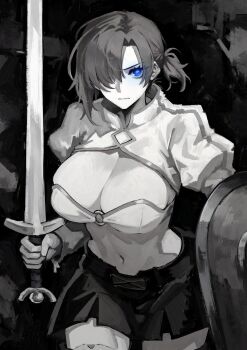 1girl atris2nd bikini blue_eyes boudica_(fate) boudica_(second_ascension)_(fate) breasts cleavage fate/grand_order fate_(series) greyscale highres large_breasts long_sleeves looking_at_viewer miniskirt monochrome navel o-ring ponytail shield short_hair short_ponytail shrug_(clothing) skirt solo spot_color swimsuit sword thigh_strap thighs weapon
