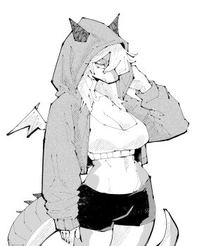 1girl absurdres breasts cleavage closed_mouth commentary cowboy_shot dragon_girl dragon_horns dragon_tail dragon_wings english_commentary furry furry_female greyscale hair_over_one_eye highres hood hood_up hooded_jacket horns horns_through_headwear jacket large_breasts long_sleeves looking_at_viewer medium_hair miregeist monochrome one_eye_covered open_clothes open_jacket original parted_bangs short_shorts shorts simple_background snout solo sports_bra stomach tail white_background wings