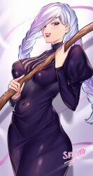 Rule 34 | 1girl, artist name, black dress, black eyes, blush, braid, breasts, covered navel, cowboy shot, dress, eyebrows, eyelashes, female focus, front braid, grin, hands up, holding, holding staff, jujutsu kaisen, large breasts, lips, lipstick, long hair, long sleeves, looking at viewer, low-braided long hair, low-tied long hair, makeup, mei mei (jujutsu kaisen), red lips, simple background, skyrelle, smile, solo, staff, standing, teeth, white hair