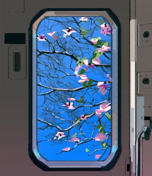 blue_sky branch commentary english_commentary flower highres no_humans original pink_flower ramon_nunez sky window