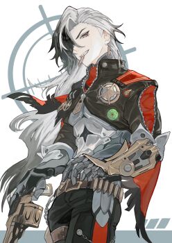 1boy ammunition_belt badge belt belt_buckle black_eyes black_hair black_jacket black_pants boothill_(honkai:_star_rail) brown_belt buckle bullet bullet_earrings bullet_in_mouth cape chain commentary_request cowboy_shot cropped_jacket crossed_bangs crosshair_pupils cyborg earrings gold_earrings grin gun hair_over_one_eye handgun highres holding holding_gun holding_weapon holster honkai:_star_rail honkai_(series) jacket jewelry long_hair looking_at_viewer male_focus mole mole_under_eye mouth_hold multicolored_hair mumu_vosp one_eye_covered pants parted_bangs red_cape red_pupils revolver sharp_teeth sheriff_badge short_sleeves simple_background single_earring smile solo standing streaked_hair teeth thigh_holster thigh_strap v-shaped_eyebrows weapon white_background white_hair zipper zipper_pull_tab