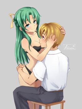 Rule 34 | 1boy, 1girl, aelianansfw, belt, black bra, black panties, black pants, blonde hair, blush, bra, chair, closed mouth, collarbone, collared shirt, commentary, commission, dress shirt, english commentary, green eyes, green hair, head on chest, highres, higurashi no naku koro ni, houjou satoshi, hug, indoors, long hair, on chair, orange eyes, panties, pants, school swimsuit, shirt, smile, sonozaki shion, swimsuit, underwear, white shirt