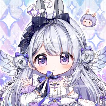 1girl animal_ear_fluff animal_ears black_bow black_hair blunt_bangs blush bow braid chibi chibi_only closed_mouth dot_nose double_bun dress frilled_sleeves frills grey_hair hair_bow hair_bun hand_up heart heart_in_eye highres long_hair long_sleeves looking_at_viewer monu_xialuote multicolored_hair original purple_bow purple_eyes rabbit_ears smile solo sparkle symbol_in_eye too_many_watermarks twin_braids two-tone_hair upper_body watermark white_dress