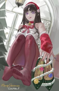 1girl :q absurdres black_hair christmas feet hat highres holding holding_shoes holding_unworn_clothes long_hair looking_at_viewer mole mole_under_eye pantyhose purple_eyes santa_hat shoes soles toes tongue tongue_out unworn_shoes yukiale
