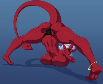 1girl ankleband black_lips black_nails black_panties black_sclera blue_background breast_press breasts colored_sclera colored_skin demon_girl demon_horns demon_tail earrings horns huge_breasts jack-o&#039;_challenge jewelry karmanseph light_blush lips looking_back medium_hair navel nude original panties pointy_ears red_skin shadow simple_background tail thick_thighs thighs top-down_bottom-up topless_female underwear white_hair yellow_eyes