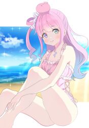 Rule 34 | 1girl, applying sunscreen, beach, blue hair, candy hair ornament, casual one-piece swimsuit, clothing cutout, cross-laced clothes, cross-laced cutout, day, food-themed hair ornament, gradient hair, green eyes, hair ornament, heterochromia, highres, himemori luna, hololive, knees up, kurusu rei, long hair, looking at viewer, lotion, multicolored hair, ocean, octopus, one-piece swimsuit, one side up, pink hair, purple eyes, side cutout, sitting, sky, smile, solo, sunscreen, swimsuit, virtual youtuber