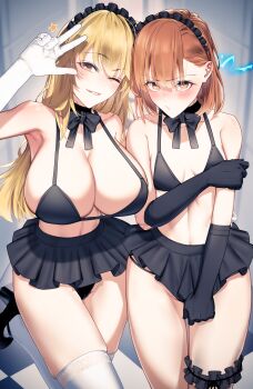 2girls ;) absurdres bikini black_bikini black_bow black_bowtie black_gloves black_panties black_skirt blonde_hair blush bow bowtie breasts brown_eyes brown_hair cleavage commission commissioner_upload elbow_gloves electricity embarrassed frilled_thigh_strap gloves hair_between_eyes high_heels highres hand_on_own_arm huge_breasts looking_at_viewer maid_headdress md5_mismatch medium_hair miniskirt misaka_mikoto multiple_girls one_eye_closed panties psychic resolution_mismatch shokuhou_misaki skirt skirt_tug small_breasts smile source_smaller sparkling_eyes spider_web_print swimsuit tamamoice thigh_strap thighhighs toaru_kagaku_no_railgun toaru_majutsu_no_index underwear white_gloves white_thighhighs yellow_eyes