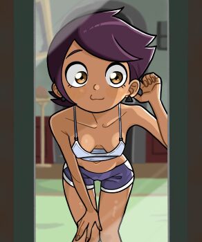 1girl absurdres breasts brown_eyes brown_hair cleavage collarbone crop_top dark-skinned_female dark_skin downblouse earrings eyelashes female_pov highres jewelry leaning_forward looking_at_mirror luz_noceda medium_breasts mirror n_k_m pov short_hair small_breasts solo the_owl_house thigh_gap