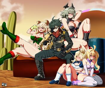 1boy 4girls adjusting_eyewear ahoge alternate_costume antenna_hair arm_behind_head bare_shoulders black_boots black_horns black_jacket black_leotard blonde_hair blue_shoes blurry blurry_background blush bodice boots bra breast_cutout breasts burnice_white cactus caesar_king_(zenless_zone_zero) cleavage clothing_cutout cloud cloudy_sky collarbone commentary commission couch detached_sleeves drooling drum_(container) earrings english_commentary fake_horns frilled_socks frills front-tie_bra gloves green_boots green_bra green_eyes green_gloves green_hair green_pants grin hair_intakes hair_ornament hair_over_one_eye hairclip highres hollow_(zenless_zone_zero) horns jacket jadenkaiba jewelry knee_up knees_up large_breasts leather leather_jacket leotard lighter_(zenless_zone_zero) long_hair looking_at_viewer luciana_de_montefio medium_breasts midriff multiple_girls navel navel_cutout on_couch one_eye_closed orange_eyes outdoors pants parted_lips piper_wheel purple_shoes red_eyes red_ribbon red_scarf ribbon scarf shoes short_eyebrows short_hair short_twintails shoulder_spikes side_ponytail sitting sky smile socks spiked_belt spiked_jacket spikes spread_legs studded_gloves sunglasses thick_eyebrows thick_thighs thighhighs thighs twintails underwear v-shaped_eyebrows w w_over_eye wariza white_socks white_thighhighs zenless_zone_zero