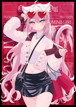 Rule 34 | 1girl, ahoge, animal ears, arm up, bag, black skirt, cat ears, cat girl, cat tail, cowboy shot, crop top, cropped jacket, extra ears, eyewear on head, hand up, heart, heart-shaped eyewear, highres, jacket, jewelry, long sleeves, lows., midriff, miniskirt, mouth hold, navel, necklace, off shoulder, open clothes, open jacket, original, pencil skirt, pink eyes, pink hair, ruka (lows.), shirt, shoulder bag, skirt, solo, stomach, sunglasses, tail, tail raised, thighs, turtleneck, white jacket, white shirt