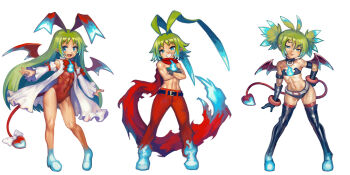 1boy 2girls antenna_hair bat_wings belt bikini bikini_top_only blue_eyes bow choker crossover demon_boy demon_girl demon_tail demon_wings detached_sleeves disgaea etna_(disgaea) fallen_angel flat_chest flonne fusion gloves green_hair highres hitodama huge_antenna_hair laharl leotard long_hair looking_at_viewer makai_senki_disgaea marona_(phantom_brave) multicolored_hair multiple_girls muscular muscular_female navel o-ring o-ring_choker o-ring_collar open_mouth pants phantom_brave pointy_ears red_leotard red_pants red_scarf red_tail red_wings ribbon scarf simple_background smile streaked_hair swimsuit tail tail_bow tail_ornament twintails white_background wings yilx