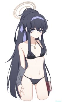 Rule 34 | 1girl, absurdres, bags under eyes, bikini, black bikini, black hair, blue archive, book, breasts, brown halo, commentary, crossed bangs, hair between eyes, hairband, halo, highres, holding, holding book, jewelry, long hair, navel, necklace, o-ring, o-ring bikini, o-ring bottom, o-ring top, official alternate costume, official alternate hairstyle, ponytail, purple eyes, purple hairband, sidelocks, siranui desu, small breasts, swimsuit, ui (blue archive), ui (swimsuit) (blue archive), very long hair