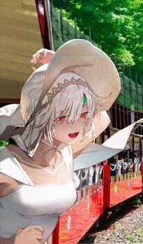 1girl altera_(fate) blue_pupils choker commentary_request dark-skinned_female dark_skin day dress facial_mark fate/grand_order fate_(series) forehead_mark game_cg hair_between_eyes hat huke leaning_out_of_window official_alternate_costume official_art on_train open_mouth outdoors photo_background red_eyes smile solo sun_hat third-party_source train upper_body veil white_choker white_dress white_hair white_veil