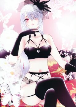 1girl animal_print bare_shoulders black_bra black_choker black_gloves black_lobelia black_lobelia_(cosplay) black_ribbon black_thighhighs blue_eyes blush bra breasts bug butterfly butterfly_print chair choker cleavage cosplay crossed_legs floral_background floral_print fukuda_shinichi garter_straps gloves hair_ornament hand_on_own_chin heart heterochromia highres insect kitagawa_marin large_breasts lingerie long_hair navel neck_ribbon official_art on_chair red_eyes ribbon sitting solo sono_bisque_doll_wa_koi_wo_suru thighhighs underwear veil white_hair