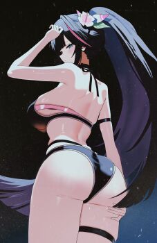 1girl abigail_(black_survival) abigail_(tropical_dimension)_(black_survival) absurdres aqua_eyes arm_at_side ass bikini black_background black_bikini black_survival blush breasts commentary cowboy_shot eternal_return:_black_survival extrahigh_37 flower from_behind from_below hair_flower hair_ornament hand_on_own_ass hand_up highres korean_commentary large_breasts long_hair looking_at_viewer looking_back looking_down ponytail shiny_skin solo standing swimsuit thigh_strap turning_head very_long_hair white_flower
