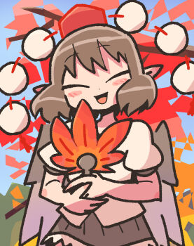 1girl :d absurdres black_skirt blush brown_hair closed_eyes facing_viewer hand_fan hat hauchiwa highres holding holding_fan open_mouth outdoors pointy_ears pom_pom_(clothes) red_hat shameimaru_aya shirt short_hair short_sleeves skirt smile solo tokin_hat touhou white_shirt wings yugi_0928