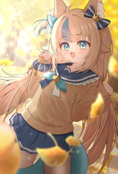 1girl absurdres alternate_costume animal_ear_fluff animal_ears blonde_hair blue_bow blue_eyes blue_hair blue_nails blue_sailor_collar blue_skirt blunt_bangs bow commentary_request fins fish_girl fish_tail hair_bow highres indie_virtual_youtuber lifebuoy_hair_ornament light_blush long_hair looking_at_viewer low_twintails multicolored_hair nail_polish nishikigishuika one_side_up sailor_collar sameko_saba skirt solo streaked_hair sweater tail thighs twintails very_long_hair virtual_youtuber