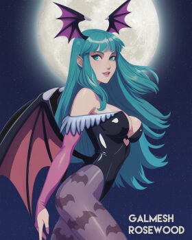 1girl animal_print aqua_eyes aqua_hair bare_shoulders bat_print bat_wings black_leotard breasts bridal_gauntlets commentary cowboy_shot darkstalkers demon_girl english_commentary full_moon fur-trimmed_leotard fur_trim galmesh_rosewood head_wings highleg highleg_leotard highres large_breasts leotard long_hair moon morrigan_aensland night night_sky no_pupils off-shoulder_leotard outdoors pantyhose parted_lips print_pantyhose purple_pantyhose sky solo star_(sky) wings