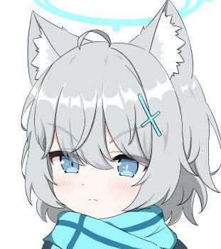>:( 1girl absurdres aged_down ahoge animal_ears blue_archive blue_eyes blue_halo blue_scarf blush bright_pupils chibi chibi_only closed_mouth commentary cross_hair_ornament eruno_cqhyoshino eyes_visible_through_hair frown grey_hair hair_between_eyes hair_ornament halo highres medium_hair mismatched_pupils portrait scarf shiroko_(blue_archive) shiroko_(young)_(blue_archive) simple_background slit_pupils solo split_mouth v-shaped_eyebrows white_background white_pupils wolf_ears wolf_girl