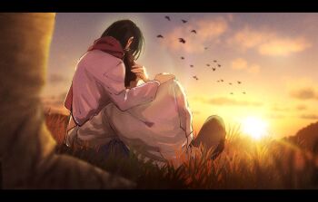 Rule 34 | 1boy, 1girl, 35ohama yu, arm around shoulder, arm around waist, bird, black border, black hair, blurry, blurry foreground, border, cardigan, commentary request, couple, eren yeager, from behind, grass, hand in another's hair, hetero, highres, hug, letterboxed, mikasa ackerman, outdoors, pink cardigan, red scarf, scarf, shingeki no kyojin, shirt, short hair, sitting, sunset, tree, under tree, white shirt