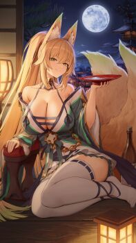1girl alcohol animal_ear_fluff animal_ears architecture arm_rest bare_shoulders blonde_hair blunt_ends bottle breasts building cleavage closed_mouth cloud collarbone commentary_request commission cup dress east_asian_architecture fox_ears fox_girl fox_tail full_moon gold_trim green_dress hair_between_eyes hand_up highres holding holding_cup japanese_clothes kamo_ashi lantern large_breasts legs long_hair long_sleeves looking_at_viewer moon moonlight multicolored_dress multiple_tails night night_sky obi off-shoulder_dress off_shoulder on_floor original ponytail ribbon-trimmed_thighhighs ribbon_trim sakazuki sake sake_bottle sash shouji sidelocks sitting skeb_commission sky sliding_doors smile solo tail thighhighs thighs tree two-tone_dress very_long_hair white_thighhighs wide_sleeves wooden_floor yellow_eyes