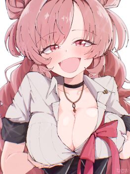 1girl absurdres blue_archive blush bow bowtie breasts choker cleavage collarbone commentary double_bun fang grabbing_own_breast hair_bun highres jewelry kirara_(blue_archive) large_breasts long_hair looking_at_viewer loose_bowtie nadeko03 necklace open_mouth pink_eyes pink_hair red_bow red_bowtie shirt smile solo wavy_hair white_shirt