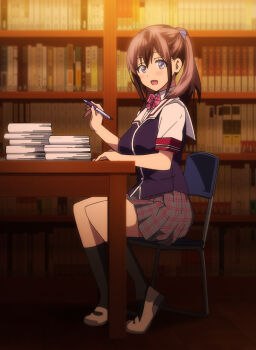 1girl black_socks blue_eyes blue_ribbon book bookshelf bow bowtie breasts brown_hair chair character_request chromatic_aberration collared_shirt from_side full_body grey_skirt hair_between_eyes hair_ribbon holding holding_pen kneehighs large_breasts library light_blush looking_at_viewer medium_hair on_chair open_mouth pen pleated_skirt ribbon school_uniform shirt shoes short_sleeves sidelocks sitting skirt smile socks t-rex_(animation_studio) table tagme takeda_hiromitsu turning_head twintails white_shoes