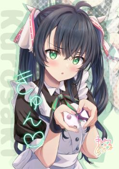 Rule 34 | 1girl, ahoge, apron, black dress, black hair, blush, collared dress, commentary request, dress, frilled apron, frills, green eyes, hair between eyes, hair ribbon, hands up, heart, heart hands, highres, long hair, looking at viewer, maruma (maruma gic), nail polish, original, parted lips, pink nails, puffy short sleeves, puffy sleeves, ribbon, short sleeves, signature, solo, twintails, very long hair, white apron, white ribbon, zoom layer