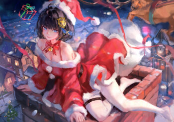 1girl absurdres ahoge bare_shoulders bell black_hair blue_eyes bob_cut bow box breasts chimney christmas christmas_tree cleavage commentary_request dress fur-trimmed_dress fur_trim gift gift_box hair_ornament hat highres hjwhuhu house long_sleeves looking_at_viewer medium_breasts merry_christmas neck_bell night no_shoes off-shoulder_shirt off_shoulder original outdoors pantyhose red_bow red_dress red_ribbon reindeer ribbon rooftop sack santa_costume santa_dress santa_hat shirt short_hair smile snow snowing solo white_pantyhose