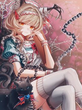 1girl 3_(sanyako1) :3 absurdres animal_ears apron arknights bandaged_ear black_cat blonde_hair blue_eyes brooch cat cat_ears commentary crossed_legs dress frilled_apron frills green_dress hat haze_(arknights) haze_(the_nursing_home_creepshow)_(arknights) heart heart_brooch highres jewelry miss_christine_(arknights) multiple_tails nurse_cap official_alternate_costume orange_eyes pill pink_background puffy_short_sleeves puffy_sleeves short_hair_with_long_locks short_sleeves silk solo spider_web striped_clothes striped_dress tail thighhighs vertical-striped_clothes vertical-striped_dress white_apron white_hair white_hat white_thighhighs