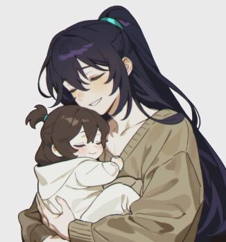 1boy baby blush closed_eyes collarbone hair_tie half_updo highres hong_lu_(project_moon) hug if_they_mated long_hair long_sleeves oc_x_canon parent_and_child past_desiderium sweater