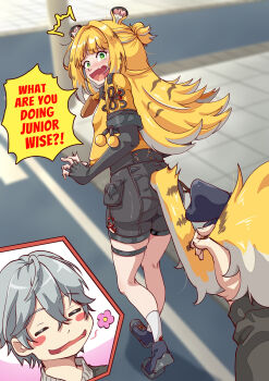 1boy 1girl absurdres black_gloves black_shirt black_shorts blonde_hair breasts cropped_jacket elbow_gloves fang fingerless_gloves fonfonoso gloves grabbing_another's_tail green_eyes highres jacket ju_fufu long_hair looking_at_viewer multicolored_hair open_mouth shirt shorts skin_fang small_breasts tail thigh_strap tiger_girl tiger_tail two-tone_hair white_hair wise_(zenless_zone_zero) yellow_jacket zenless_zone_zero