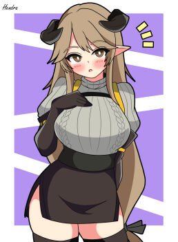 1girl absurdres arknights artist_name black_gloves black_horns black_skirt black_thighhighs border breasts brown_eyes brown_hair commentary demon_girl demon_horns elbow_gloves gloves grey_sweater hendra highres horns large_breasts long_hair long_sleeves looking_at_viewer meteorite_(arknights) notice_lines open_mouth outside_border pencil_skirt pointy_ears purple_background side_slit simple_background skirt solo sweater thighhighs very_long_hair white_border