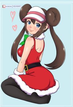1girl ass belt black_belt black_pantyhose blue_background blue_eyes blush bow breasts brown_hair christmas double_bun dress from_behind fur-trimmed_dress fur-trimmed_gloves fur_collar fur_trim gloves green_bow hair_bun hat heart long_hair looking_at_viewer looking_back medium_breasts misune_art nintendo pantyhose pokemon pokemon_bw2 red_dress rosa_(pokemon) santa_costume santa_dress sitting sleeveless sleeveless_dress smile twintails visor_cap white_hat