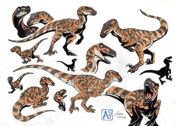 animal_focus artist_name astarcis claws closed_mouth dinosaur dynamic_pose fangs full_body multiple_views no_humans open_mouth original raptor reference_sheet sharp_teeth simple_background tail teeth utahraptor velociraptor watermark