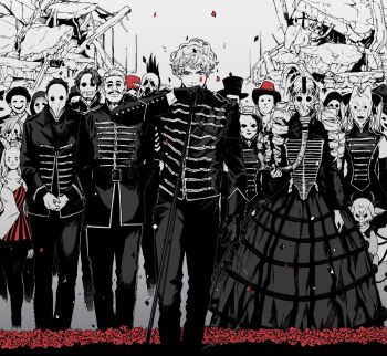 6+boys 6+girls black_dress conductor_baton cosplay cowboy_hat dress drill_hair gas_mask ghostface ghostface_(cosplay) hat highres karaageoishiina marching marching_band mask mole mole_under_eye monochrome multiple_boys multiple_girls my_chemical_romance petals plague_doctor_mask rose_petals ruins skull_mask the_black_parade top_hat twin_drills uniform virtual_youtuber