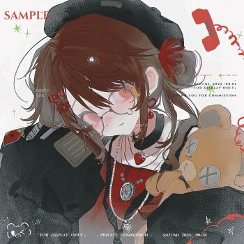 Rule 34 | 1girl, black choker, black hat, black jacket, brown hair, button eyes, buttons, choker, collarbone, commission, corded phone, dated, earrings, english text, hair ornament, hat, heart, heart earrings, highres, holding, holding stuffed toy, izumi 087, jacket, jewelry, looking at viewer, medium hair, mihuashi commission, original, parted lips, phone, red eyes, sample watermark, solo, star (symbol), star hair ornament, stuffed animal, stuffed toy, teddy bear, teeth, upper body, watermark, white background